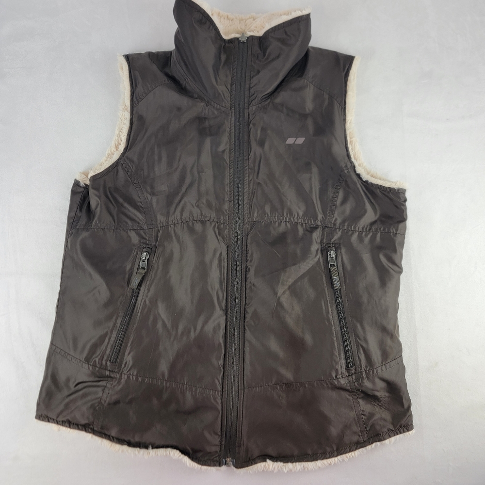 Koppen‎ Size Large Womens Reversible Zip Up Vest Jacket Olive Fleece Sleeveless